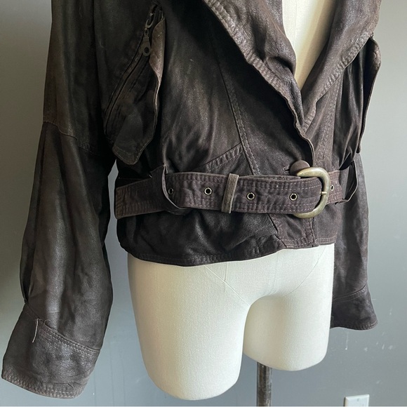 Vintage Lamb Leather Draped Jacket Belted Brown Cropped Moto Oversized Biker - Picture 3 of 10